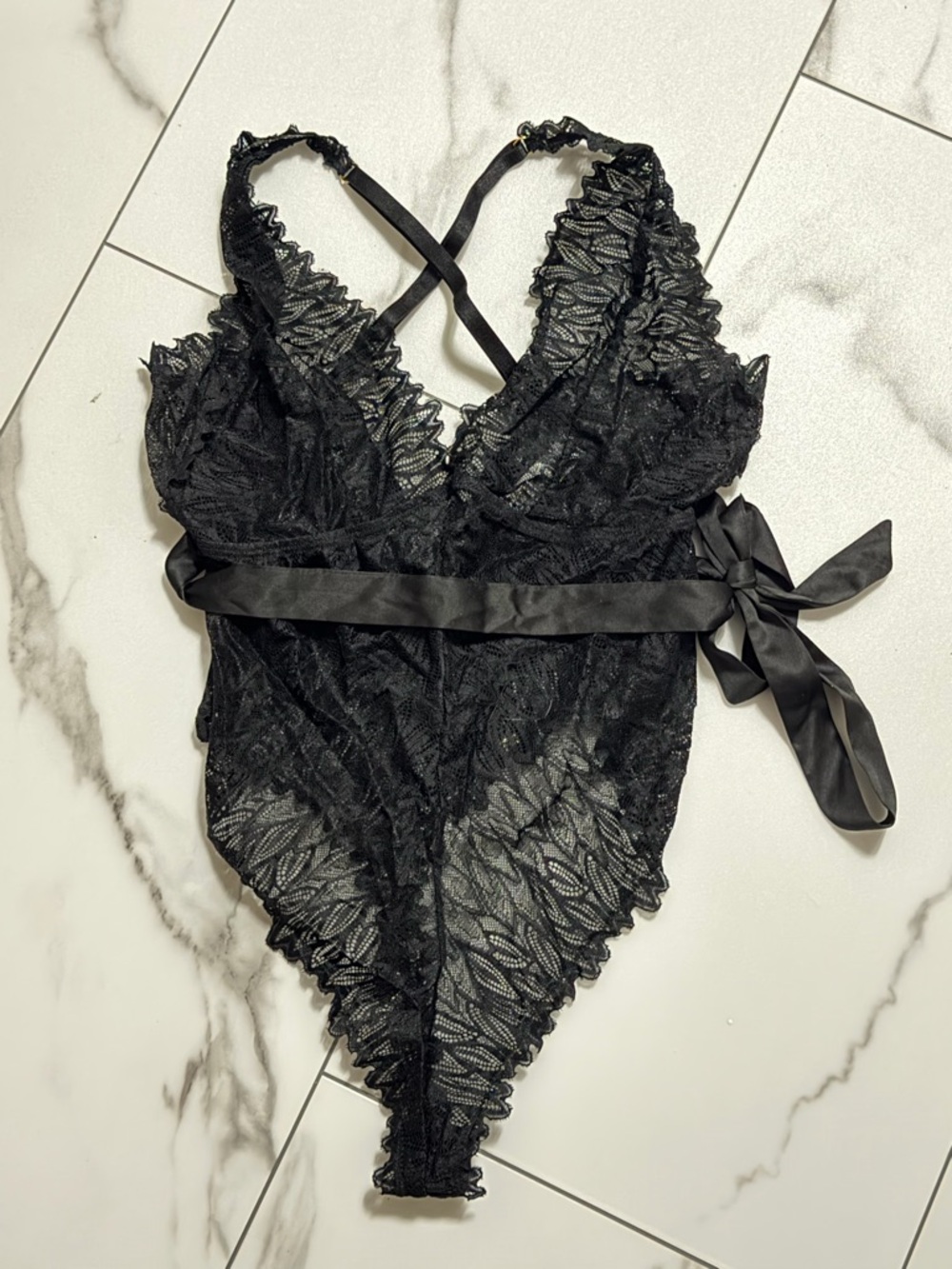 Hustler Hollywood Black Lace Teddy with Satin Strap Detail